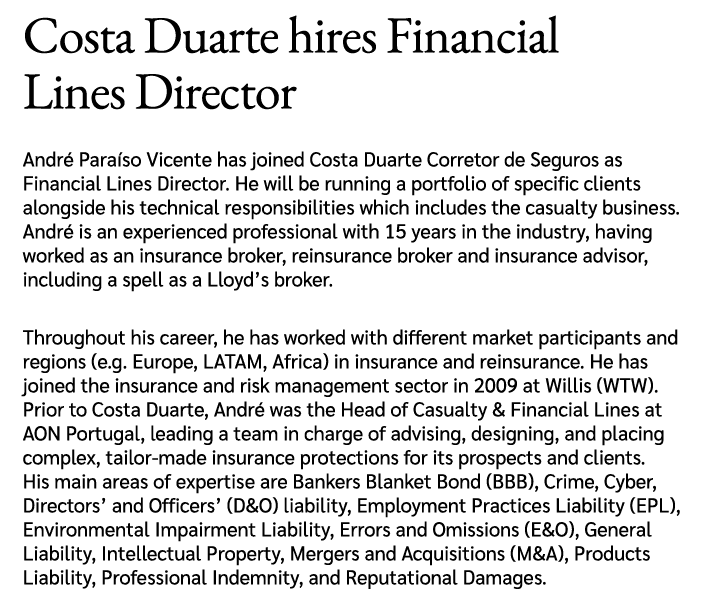 Costa Duarte hires Financial Lines Director Andr Para so Vicente has joined Costa Duarte Corretor de Seguros as Fina...