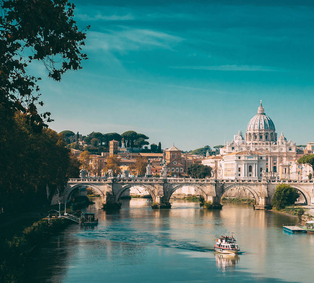 Rome, Italy. Papal Basilica Of St. Peter In The Vatican. Sightseeing Boat Floating Near Aelian Bridge. Tour Touristic Boat