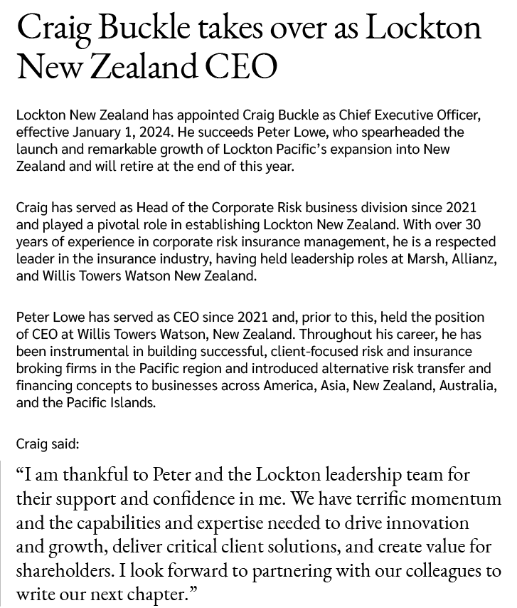 Craig Buckle takes over as Lockton New Zealand CEO Lockton New Zealand has appointed Craig Buckle as Chief Executive ...